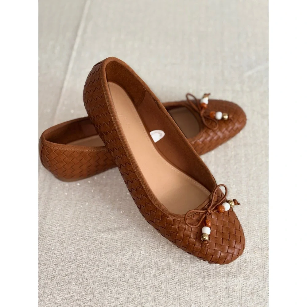 Universal Thread meritts Woven Ballet Flats 10 Brown Beaded‎ Bow Cognac Shoes